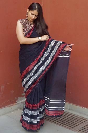 Black hand block printed mul cotton saree with blouse