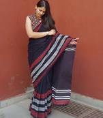 Black hand block printed mul cotton saree with blouse