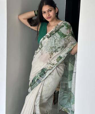 Green tropical printed soft linen saree with handmade tassels and printed blouse 2