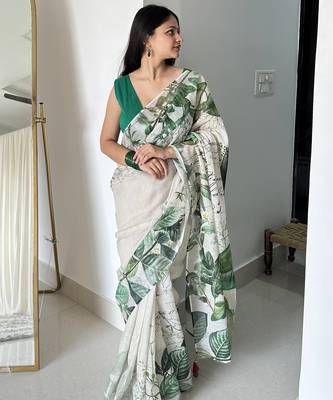 Green tropical printed soft linen saree with handmade tassels and printed blouse 1