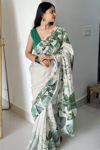 Green tropical printed soft linen saree with handmade tassels and printed blouse