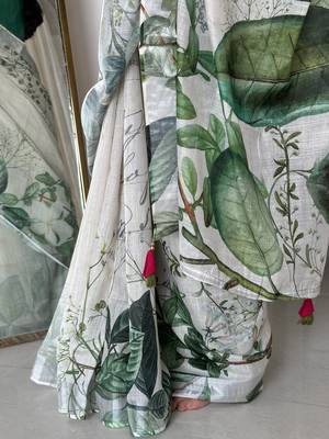 Green tropical printed soft linen saree with handmade tassels and printed blouse 4