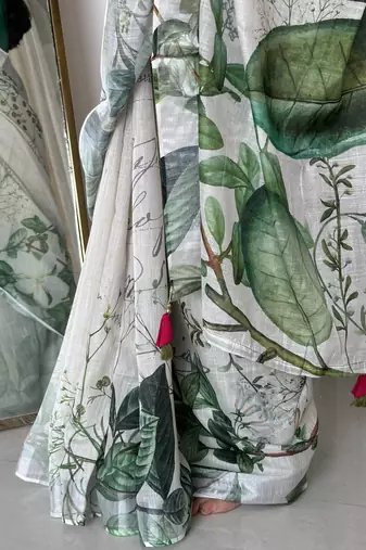 Green tropical printed soft linen saree with handmade tassels and printed blouse