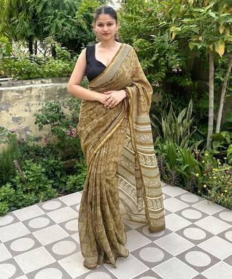 Mehendi green warli art printed chanderi cotton saree with printed blouse 1