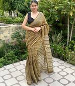 Mehendi green warli art printed chanderi cotton saree with printed blouse