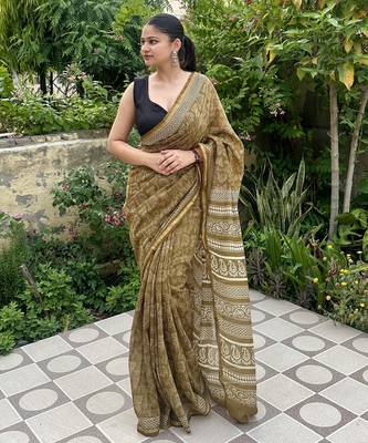 Mehendi green warli art printed chanderi cotton saree with printed blouse 2