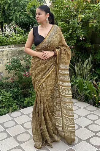 Mehendi green warli art printed chanderi cotton saree with printed blouse
