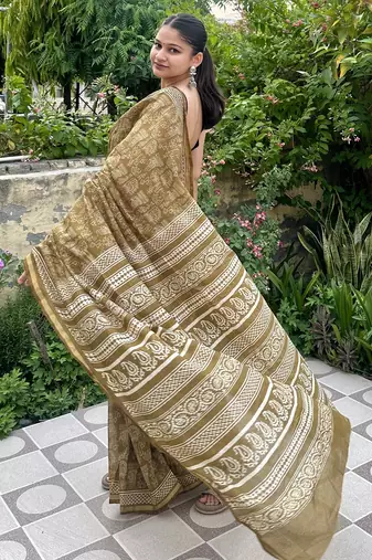 Mehendi green warli art printed chanderi cotton saree with printed blouse