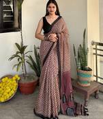 Rust zig zag print chanderi cotton saree with printed blouse
