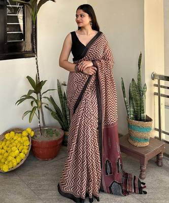 Rust zig zag print chanderi cotton saree with printed blouse 2