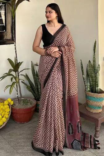 Rust zig zag print chanderi cotton saree with printed blouse
