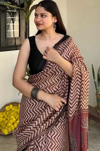 Rust zig zag print chanderi cotton saree with printed blouse