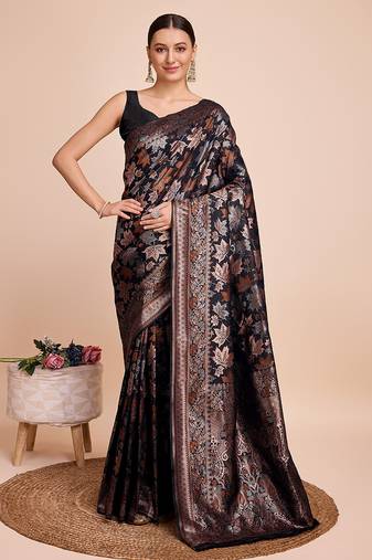 Black silk saree with double jari & gold zari border