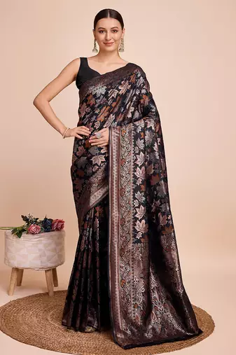 Black silk saree with double jari & gold zari border