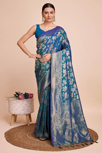 Blue silk saree with double jari & gold zari border