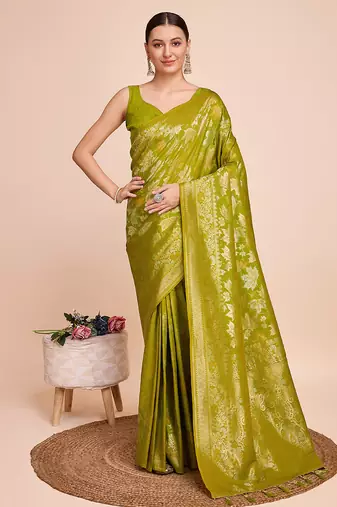 Lime green silk saree with double jari & gold zari border