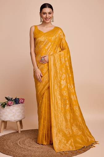 Mustard silk saree with double jari & gold zari border