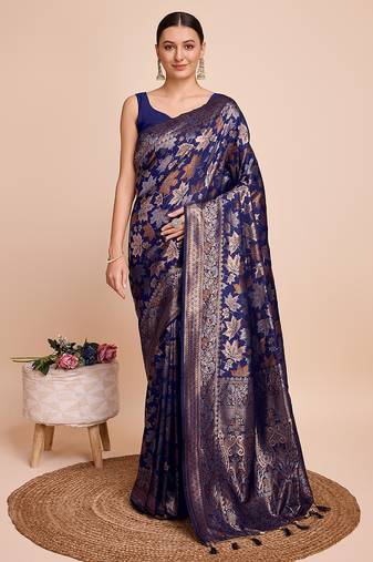 Navy blue silk saree with double jari & gold zari border