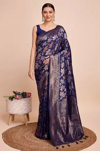 Navy blue silk saree with double jari & gold zari border