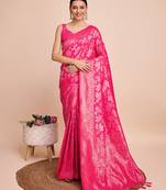 Pink silk saree with double jari & gold zari border