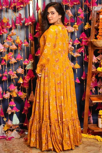 Yellow sharara suit set with crop top & shrug stitched