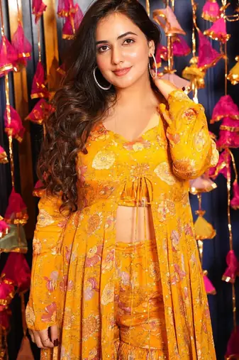 Yellow sharara suit set with crop top & shrug stitched