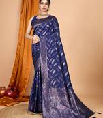 Navy blue silk weave saree with contrast zari