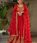 Red faux blooming with embroidery zari sequins work gown