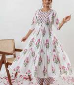 Floral Printed Layered Cotton Anarkali Kurta With Trouser And Dupatta