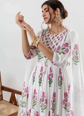 Floral Printed Layered Cotton Anarkali Kurta With Trouser And Dupatta 2