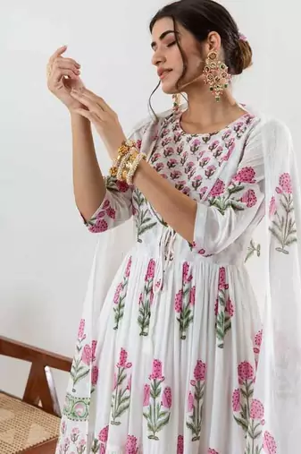 Floral Printed Layered Cotton Anarkali Kurta With Trouser And Dupatta