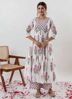 Floral Printed Layered Cotton Anarkali Kurta With Trouser And Dupatta 3