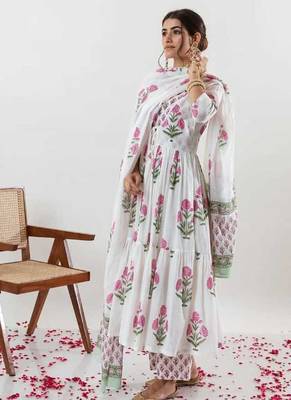 Floral Printed Layered Cotton Anarkali Kurta With Trouser And Dupatta 4