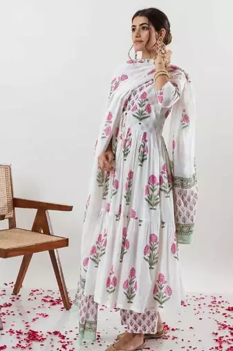 Floral Printed Layered Cotton Anarkali Kurta With Trouser And Dupatta