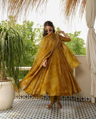  Women Bandhani Printed  Cotton Anarkali Kurta with Trousers & With Dupatta 1
