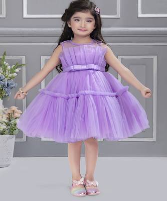 Lavender pleated net knee length Sleeveless frock for kids 1