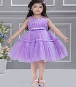 Lavender pleated net knee length Sleeveless frock for kids