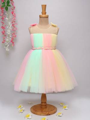 Multicolor net knee length Sleeveless frock for kids 1