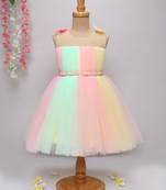 Multicolor net knee length Sleeveless frock for kids