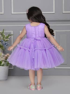 Lavender pleated net knee length Sleeveless frock for kids 2