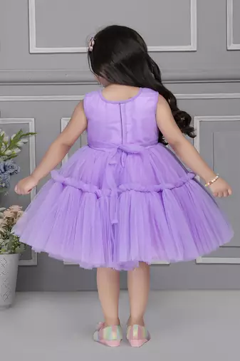 Lavender pleated net knee length Sleeveless frock for kids
