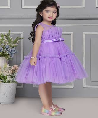 Lavender pleated net knee length Sleeveless frock for kids 3