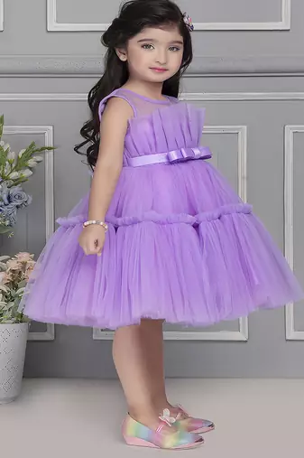 Lavender pleated net knee length Sleeveless frock for kids