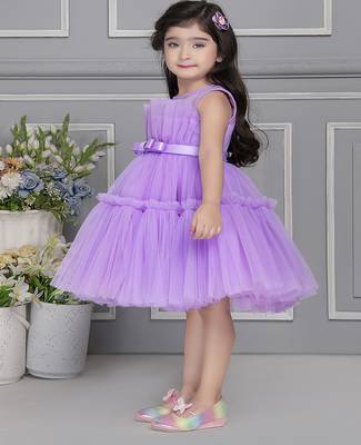 Lavender pleated net knee length Sleeveless frock for kids 4
