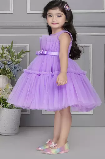 Lavender pleated net knee length Sleeveless frock for kids
