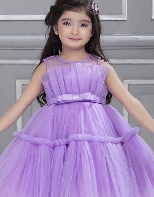 Lavender pleated net knee length Sleeveless frock for kids 5