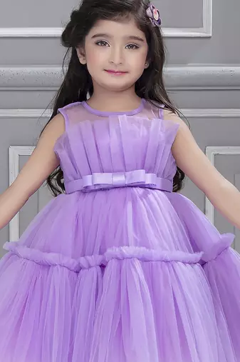Lavender pleated net knee length Sleeveless frock for kids
