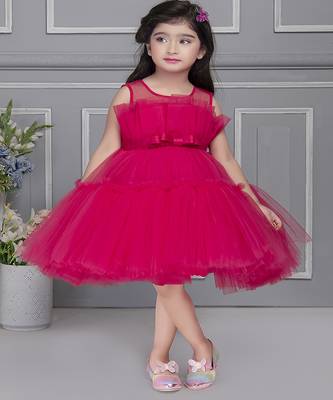Fushia pink pleated net knee length Sleeveless frock for kids 1