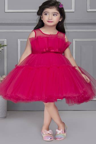 Fushia pink pleated net knee length Sleeveless frock for kids