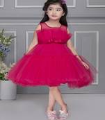 Fushia pink pleated net knee length Sleeveless frock for kids